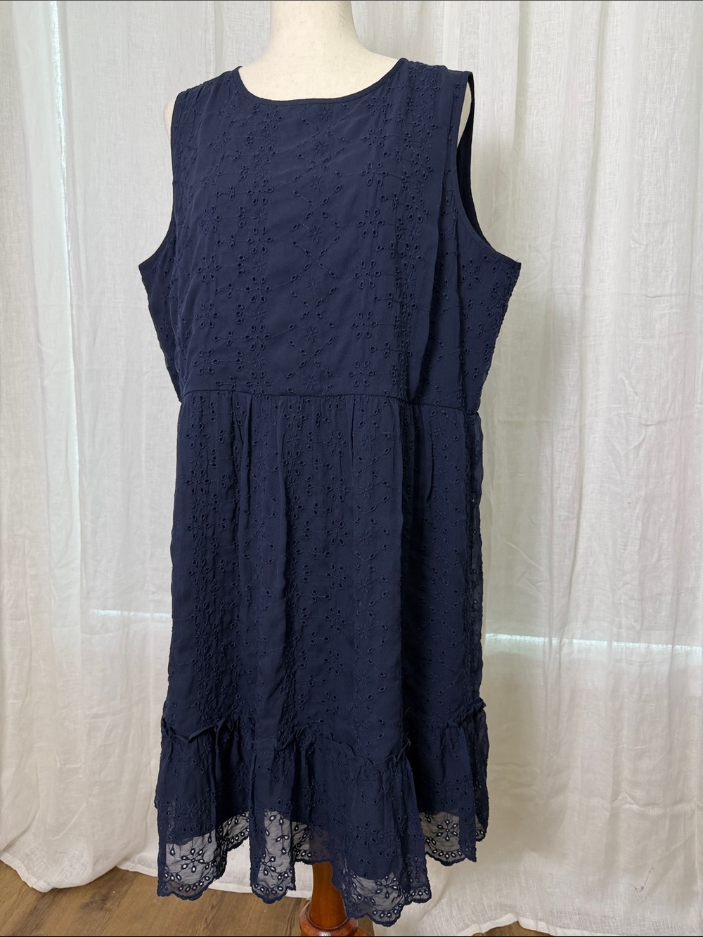 LOFT Plus Navy Eyelet Sleeveless Ruffle-Hem Dress
